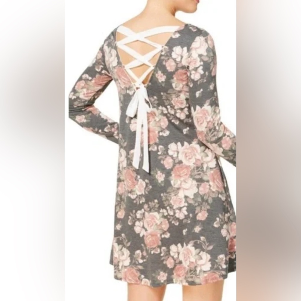 NWOT - Floral Lace-Up Back Long Sleeve Swing Dress